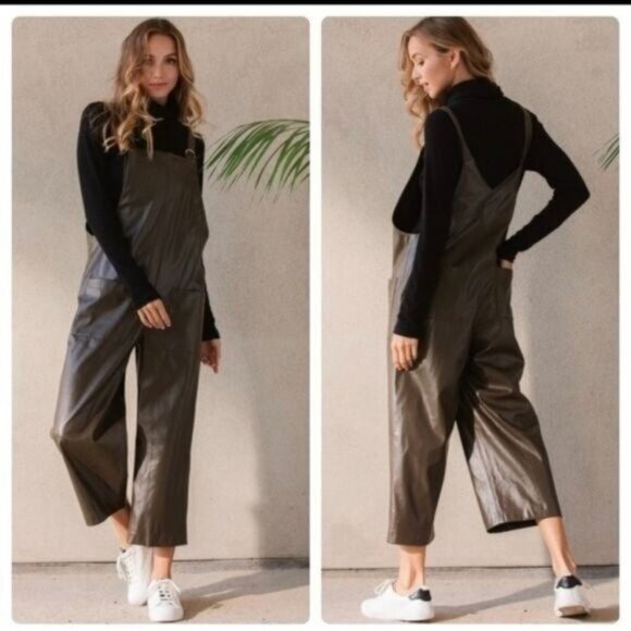 FAUX LEATHER OLIVE WIDE LEG JUMPSUIT-NEW - Picture 3 of 6